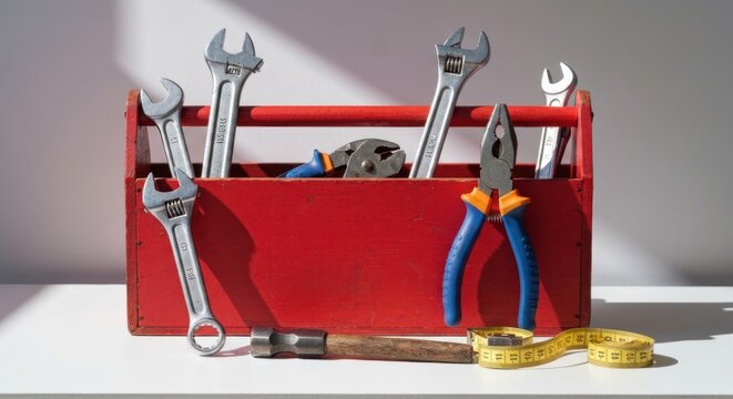 Red toolbox with wrenches, pliers, hammer, and tape measure on a white surface