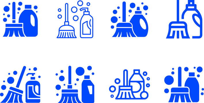 Cleaning service icons featuring brooms and detergent bottles with bubbles for housekeeping and home maintenance concepts