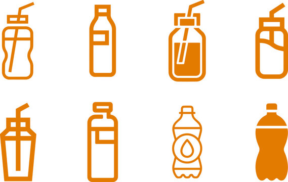 Assorted beverage bottle and drink cup icons with straws for refreshing drinks and healthy hydration concepts in orange
