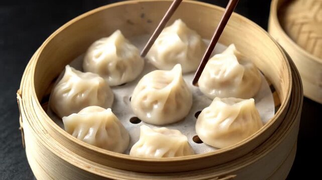 Close-up of eight freshly steamed dumplings in a bamboo steamer