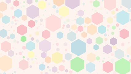 Fototapeta premium Colorful pastel hexagon pattern on a soft cream background featuring overlapping hexagons in gentle shades of pink, blue, green, yellow, and lavender. Ideal for modern design projects, branding, wallp