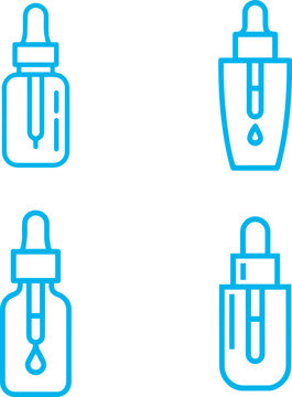 Set of four blue line art icons featuring medicine dropper bottles, skincare serum containers, and cosmetic liquid vials.