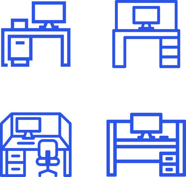 Set of four blue line art icons illustrating modern office workstations, computer desks, and professional business setups.