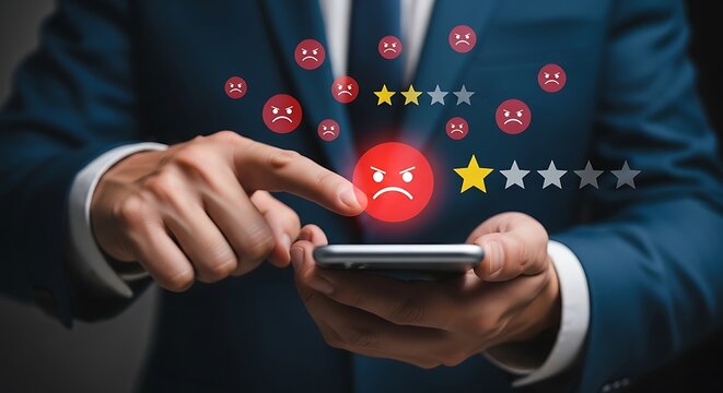 Business person using phone with unhappy face icons, rating system
