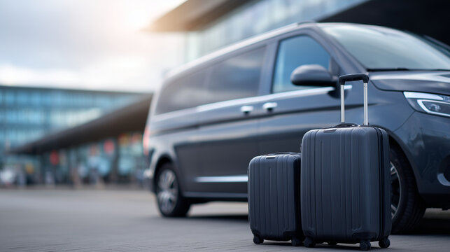 Luggage and a sleek van at an airport terminal, ready for travel, transport and logistics in a modern curbside scene with daylight and urban backdrop