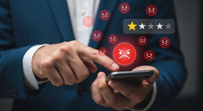 Person in suit uses phone, surrounded by angry faces, bad review stars highlighted