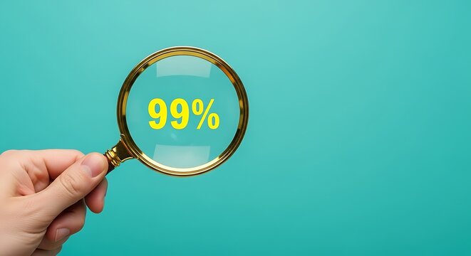 Magnifying glass focusing on 99 percent text, hand holding magnifier over ninety-nine percent symbol, high success rate and discount concept