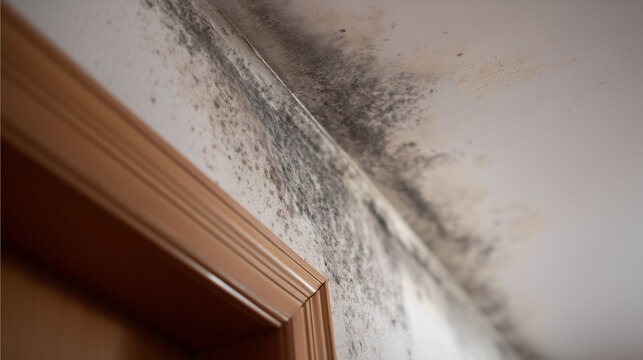 Black mold growing on wall corner near ceiling, indoor humidity problem and home damage concept