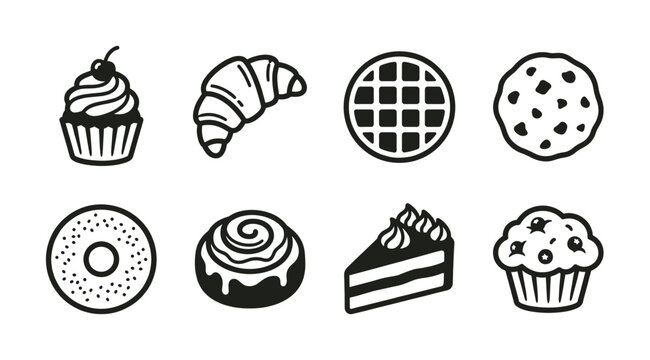 Simple black and white vector icons of popular baked goods and sweet treats. Great for web, mobile apps, menus, or cafe branding.