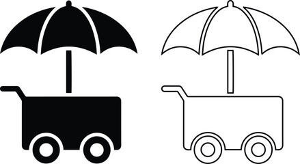 Vector icon set of street food vendor cart with umbrella in solid black silhouette and line outline styles isolated on white background for outdoor retail market and fastfood snack kiosk. © Shah Hasanuzzaman