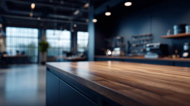 Close up counter wood cafe interior, textured surface foreground in focus, background lighting modern design, atmosphere for coffee moments and casual meeting in a stylish shop