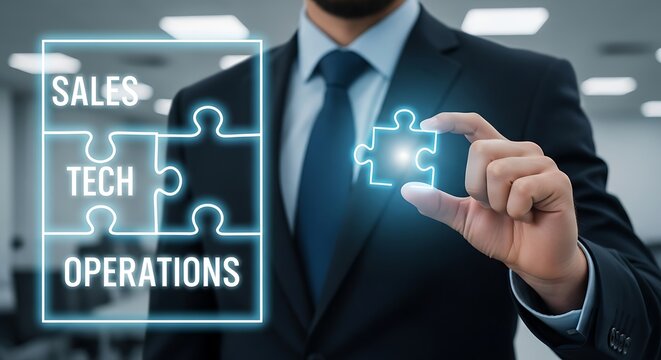 Businessperson fitting a puzzle piece labeled "Sales Tech Operations". Focused on hand