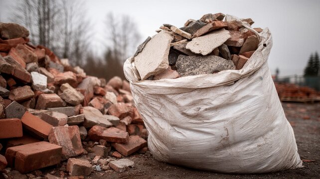 Building waste materials filling a sack at construction site