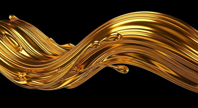 Abstract wave of flowing molten gold on black background