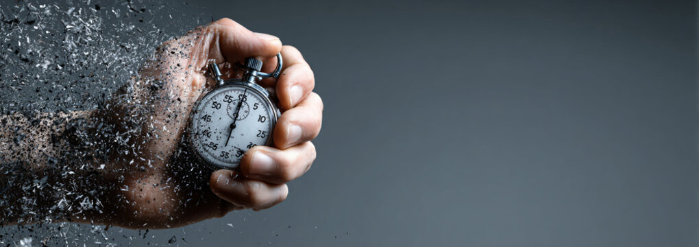 A male hand holding a broken stopwatch symbolizing the concept of time and urgency.