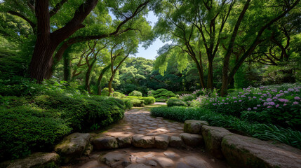 Naklejka premium Garden path through lush greenery, shaded trees, and stone steps, a tranquil outdoor walkway with flowering shrubs and peaceful landscape.