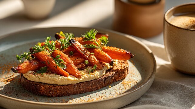 Toasted whole-grain bread topped with creamy hummus, roasted carrots, cumin sprinkle, and parsley garnish, plated on ceramic with warm morning sunlight