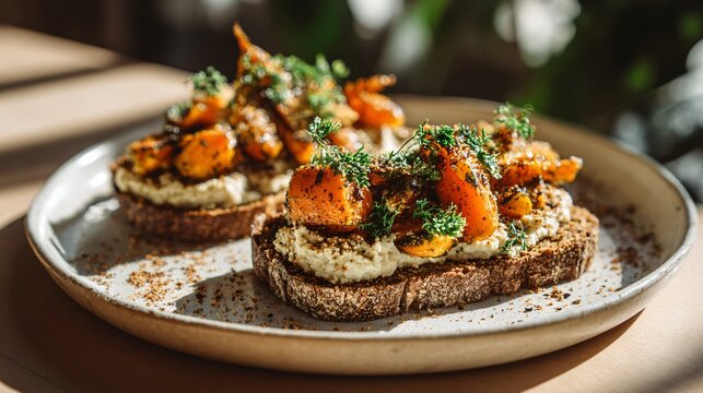 Toasted whole-grain bread topped with creamy hummus, roasted carrots, cumin sprinkle, and parsley garnish, plated on ceramic with warm morning sunlight