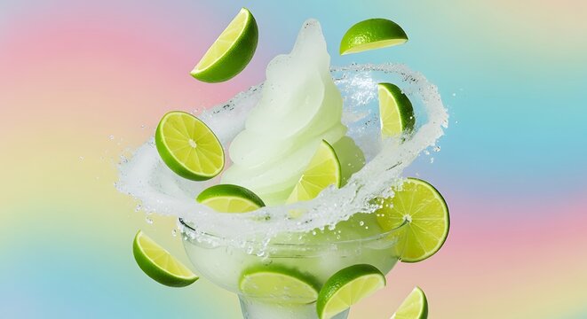 Refreshing frozen lime margarita cocktail with flying lime wedges on a colorful pastel background. slush margarita