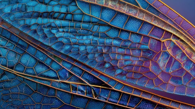 Deep blue dragonfly wing with jewellike micro texture and sapphire sheen, saturated tones, highdetail contrast emphasizing delicate veins and structured scales, luxe mood for branding