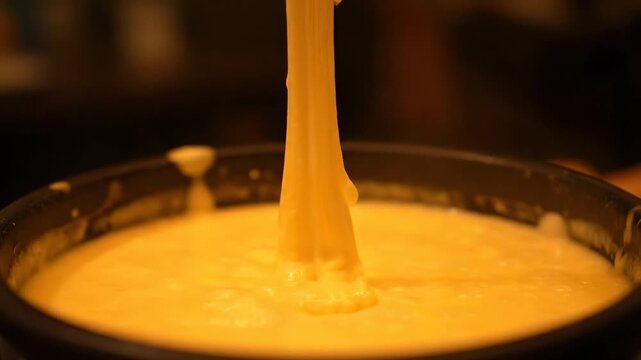 Close-up of melted, golden cheese being lifted, showing the stringy texture and rich color