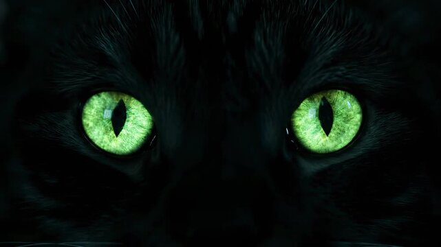Close-up of glowing emerald cat eyes peering out of deep darkness