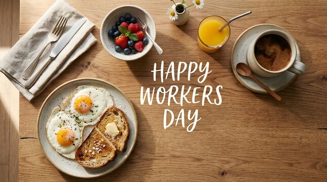 Happy Labor Day breakfast spread with eggs fruit and drinks