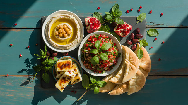 Healthy middle eastern dips and salads with pita bread and grilled halloumi cheese top view.