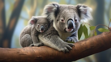 Obraz premium Adorable mother koala and joey cuddling together on a eucalyptus branch in a leafy forest