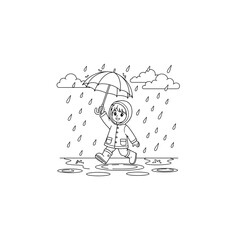 Little child playing in rain with umbrella and raincoat outline drawing © Usa