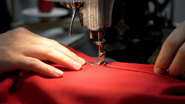 Close-up of hands sewing red fabric with an antique sewing machine, needle and thread