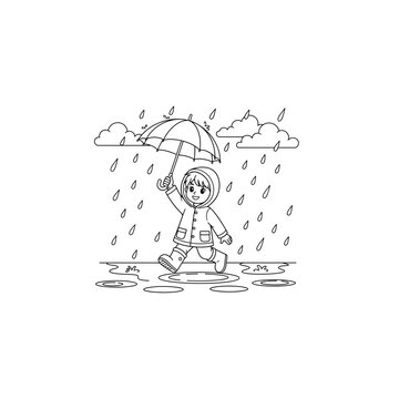 Little child playing in rain with umbrella and raincoat outline drawing