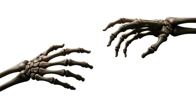 Two skeletal hands reaching towards each other isolated on white background, symbolic of death and connection