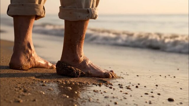 Feet walking along sandy beach with waves in background, serene beach walk, coastal relaxation, summer stroll, seaside calm.