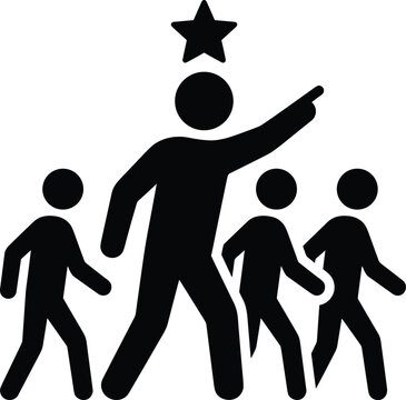 A leader with a star icon above the head points the way forward while a group of people follows behind
