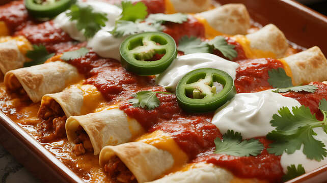 Traditional mexican enchiladas baked in red ceramic dish topped with spicy tomato sauce sour cream and green jalape&ntilde;os.