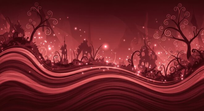A red and purple fantasy landscape with a castle and trees.