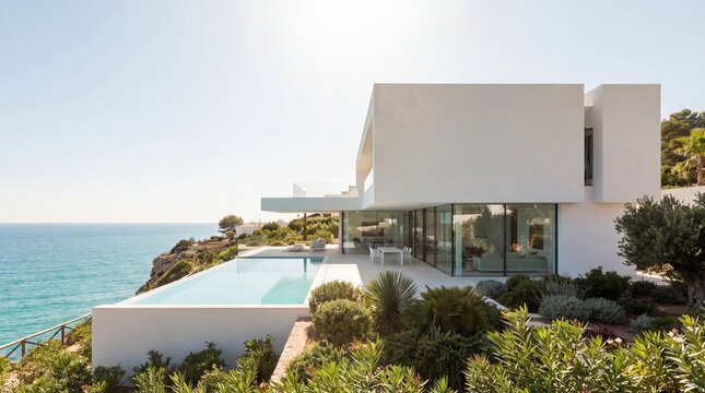 Modern luxury villa with an infinity pool and minimalist architecture overlooking the blue ocean.