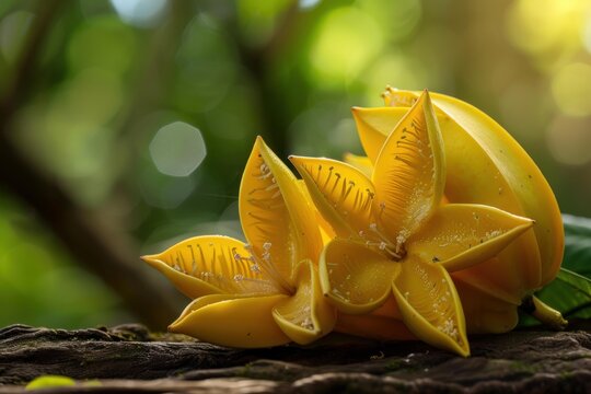 Close up of saraca asoca flowers, also known as ashoka tree, displaying vibrant yellow blossoms in a lush tropical forest setting