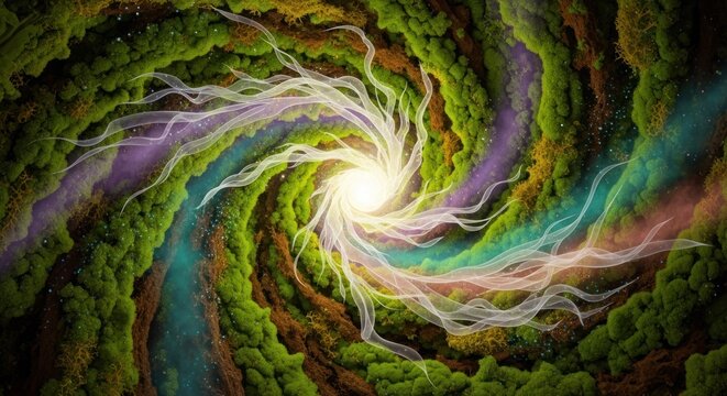 A vibrant, colorful, abstract digital artwork featuring a swirling, ethereal pattern of green, purple, and blue hues, with a central, radiant light source that emits a soft glow.