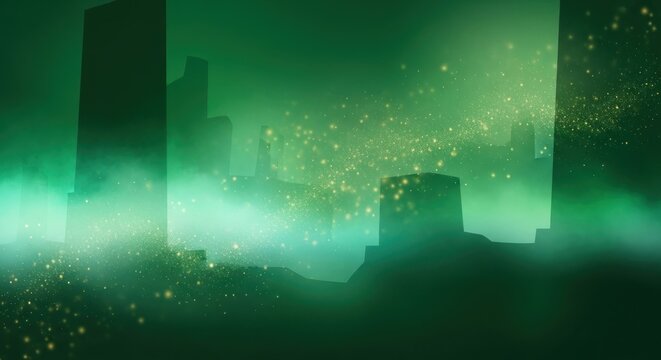 A green cityscape with glowing lights and floating particles, set against a dark, foggy background.