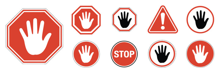 Obraz premium Alert Warning Stop Sign Icons Hand Symbol Traffic Safety Danger Prohibition Vector Illustration Set Isolated Background