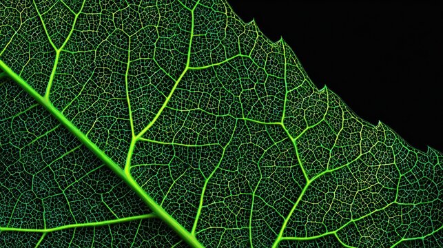 Macro close up glowing leaf veins reveal intricate network of luminous venation and cellular texture, vivid green backlit by dark background, high contrast details highlighting chlorophyll surface