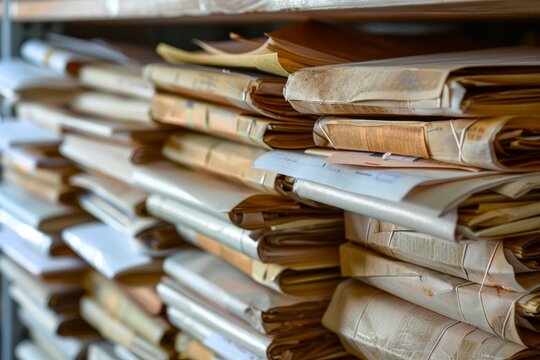 Many old dusty files stacked high on a shelf represent the concept of bureaucracy