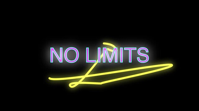 No limits neon sign glow animation, bright yellow text neon light, futuristic neon branding