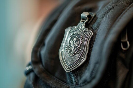 Close up of a silver metal badge attached to a black backpack, representing group affiliation or personal style