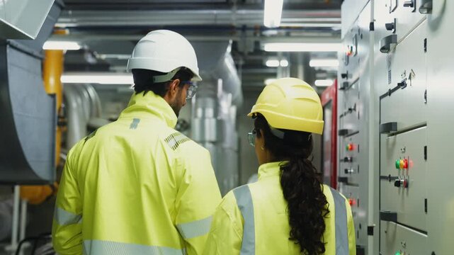 Rear view of Facility Inspector Compiles Pipe Installation Reviews.A professional inspector compiles comprehensive reports on pipe installation and temperature control systems for management.