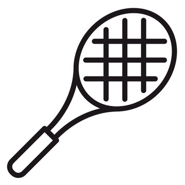 Tennis racket vector icon, minimalist black line art illustration of sports equipment for competition, fitness, and athletic training, isolated on white background for web and graphic design.