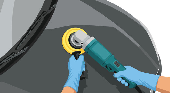 Meticulous worker wearing blue protective gloves uses a teal electric buffer to polish the dark hood of a black car for a perfect mirror-like finish.