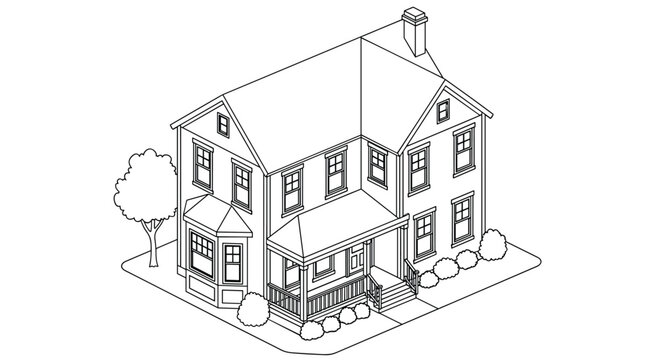 Charming two-story suburban family home rendered in a clean isometric perspective with a wrap-around porch, bay window, and manicured landscaping.